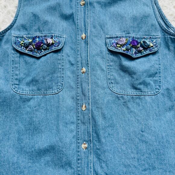 Andrew's Jeans Womens Cotton Denim Embellished Glitter Sleeveless Button Top M - Picture 3 of 10